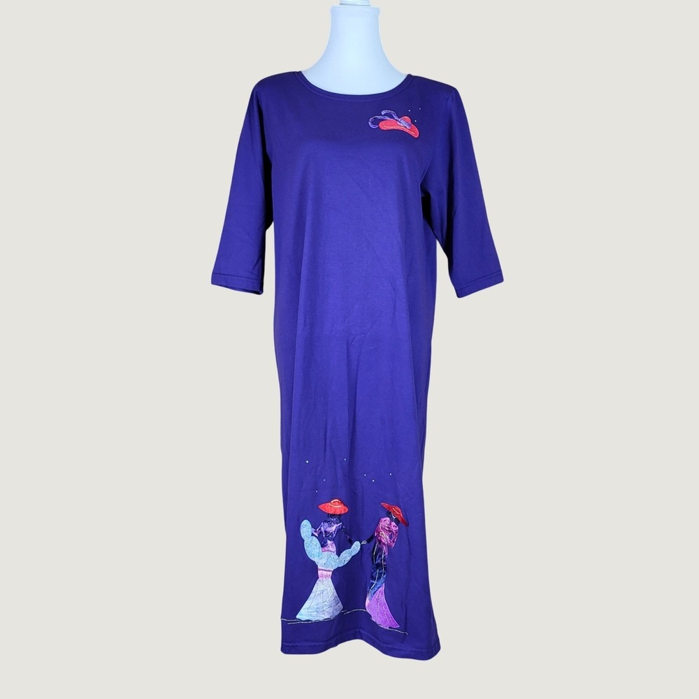 Karla Marie Red Hat Society T Shirt Dress Womens M Embellished Art Deco PURPLE